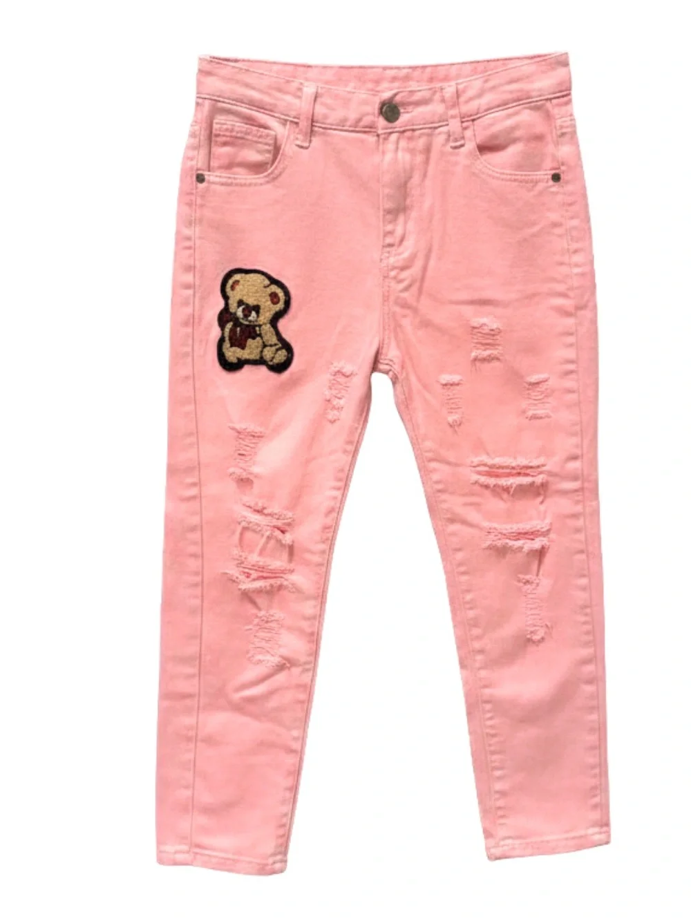 Girls Size 10 Pink Distressed Ripped Denim Jeans with Teddy Bear Patch Cute Kids